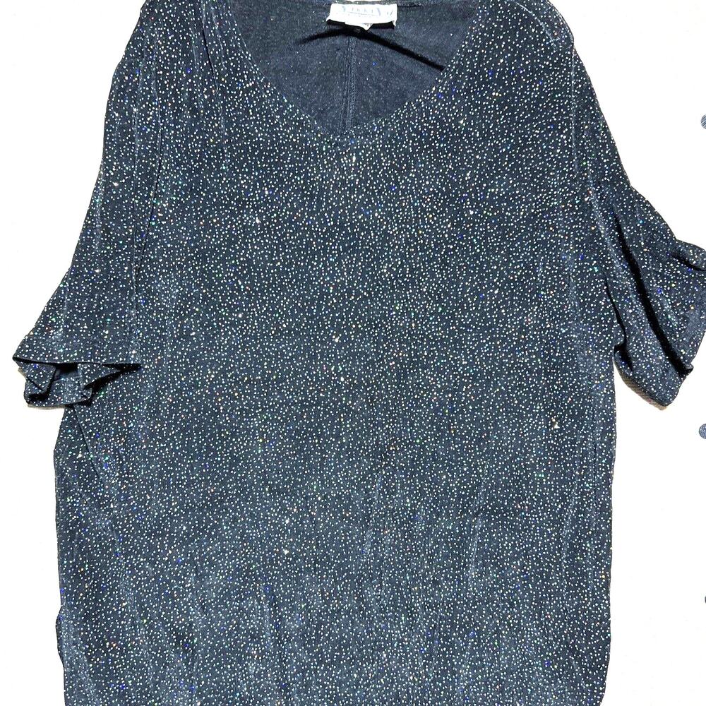 Vintage Vikki Vi Slinky Acetate Tunic Womens Size 2X Black Rhinestones Sparkly